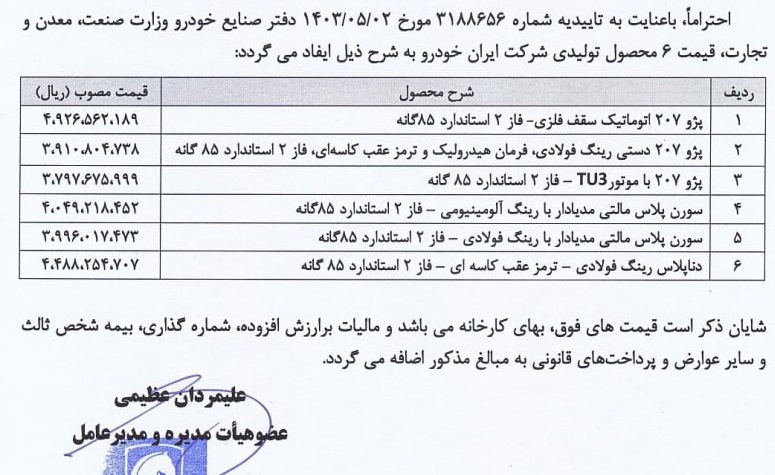 قیمت های جدید 6 محصول پژو 207، سورن و دنا اعلام شد