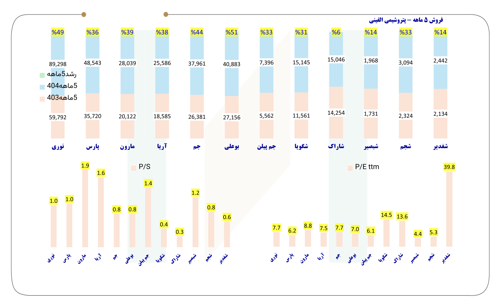 جدول فروش پنج ماهه 18 شرکت پتروشیمی + آخرین نسبت P/E و P/S
