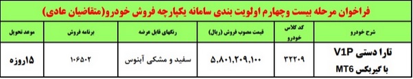 اولین فروش فوری تارا دستی V1P با قیمت 580 تومانی و تحویل 15 روزه