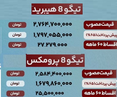فروش نقدی جک جی4 و نقد و اقساط دو محصول تیگو 8 پرو هیبرید و تیگو 8